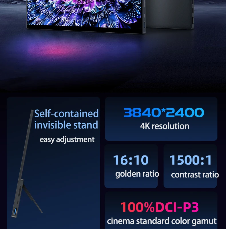 Tragbarer 16-Zoll-4K-Touchscreen-Monitor 100 % DCI-P3 550nit 3840 * 2400 16:10 Reise-Büro-Display für Telefon Laptop Switch Xbox – Detail 2