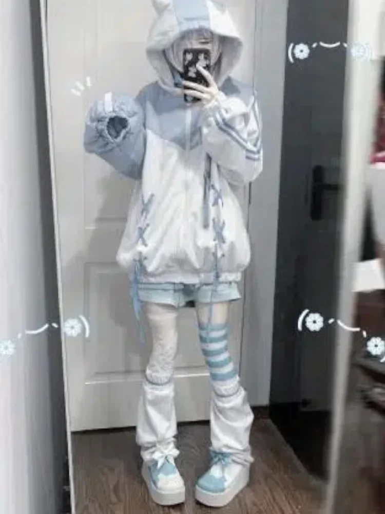 Japanese Aesthetics Kawaii Hooded Zip Sweatshirt Anime Hooded Jacket Women Harajuku Y2k Clothes Loose Streetwear Tops Bandage