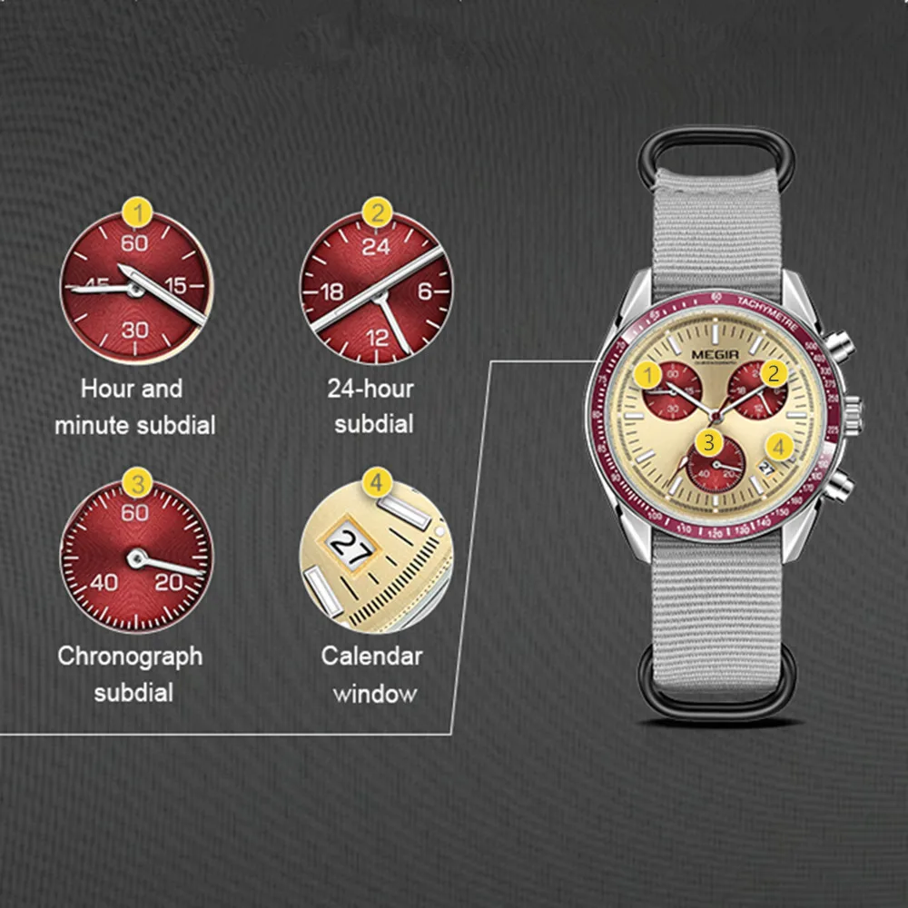 MEGIR كرونوغراف قماش حزام الرجال الرياضة ساعات كوارتز مقاوم للماء التقويم ساعة اليد عادية مع 24 ساعة Relogio Masculino #6