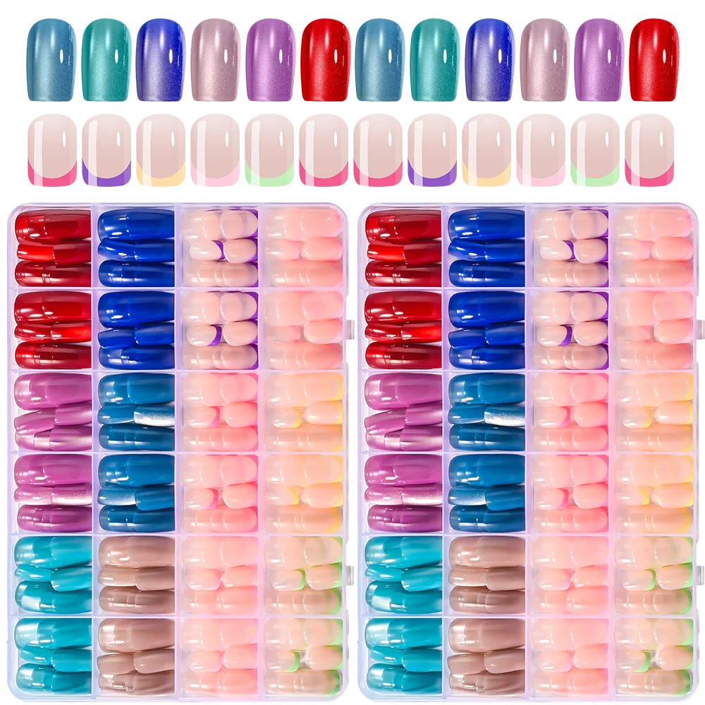 

288 шт. красочные накладные ногти смешанные глянцевые квадратные полное покрытие кошачий глаз пресс на ногтях и короткие конфеты французские накладные ногти носимые накладные ногти