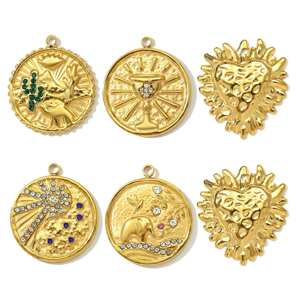 3pcs/Lot Stainless Steel Elephant Camel Necklace Pendants Rhinestone Sun Trophy DIY Bracelet Charms Women Cactus Heart Jewelry