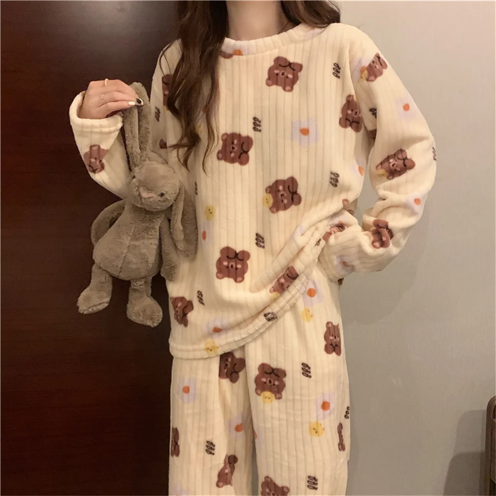 Conjunto de pijamas de manga comprida feminino, flanela quente, roupa caseira coral grossa, pijamas dos desenhos animados, urso pêssego, outono, inverno