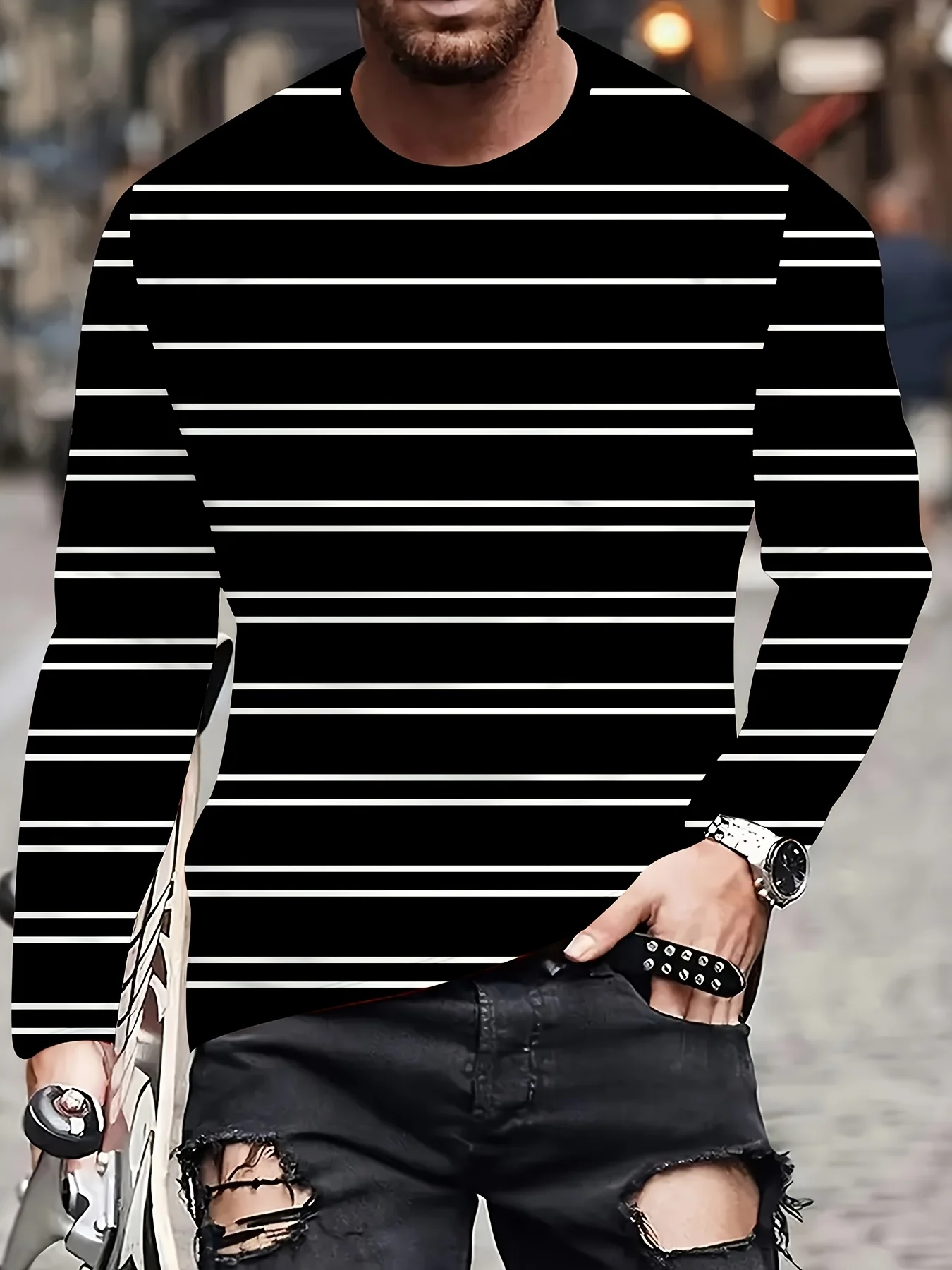 Men's printed casual long-sleeve shirt, street-style trendy fashion T-shirt, breathable, versatile for outdoor wear, loose fit.