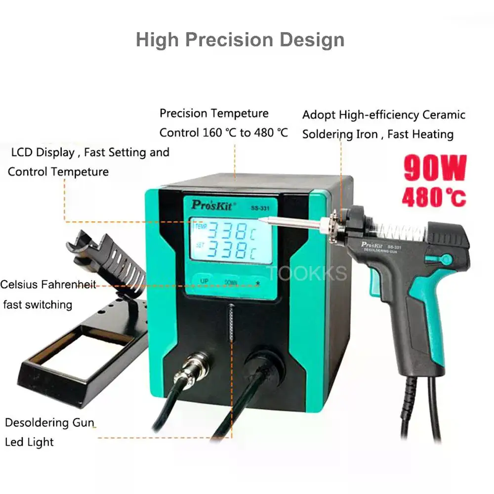Pro'sKit SS-331H 90W antistatico LCD digitale elettrico pompa dissaldante a vuoto pistola a ventosa a saldare per la riparazione di circuiti stampati PCB