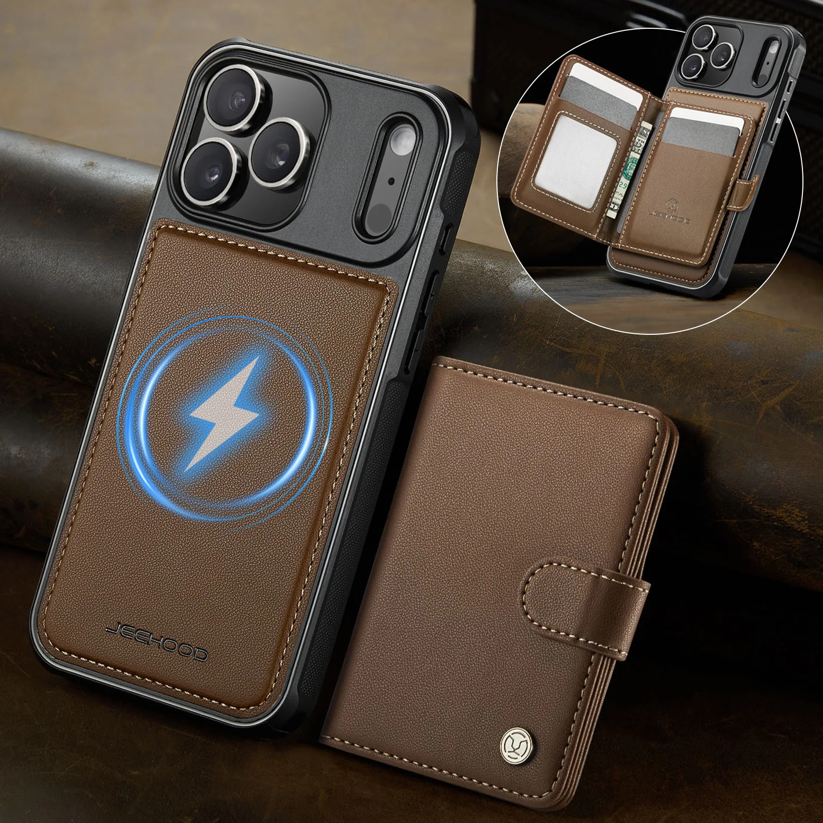 

Кожаный магнитный флип-чехол MagSafe для iPhone 17 Pro Max 16 15 14 13 12 Pro Max 16 Plus со съемным чехлом-кошельком для карт