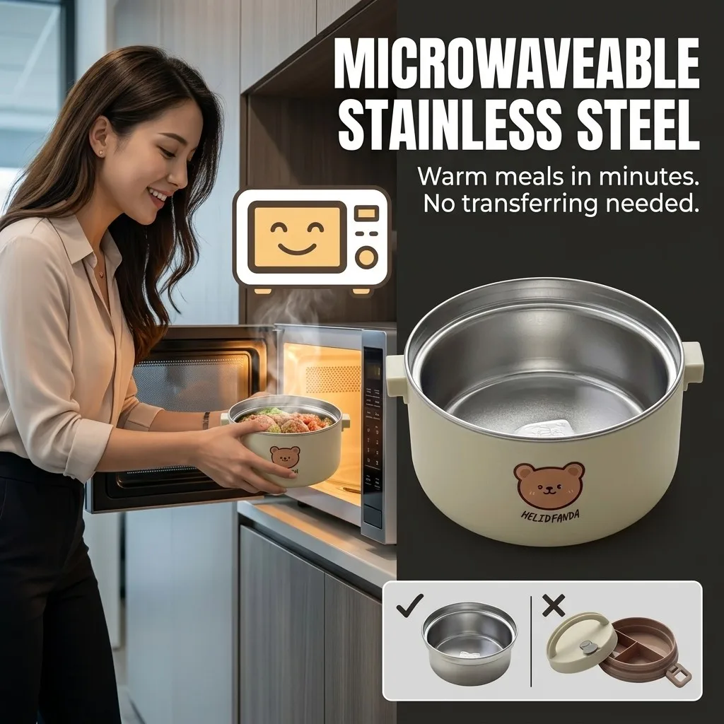 Microwavable 304 Stainless Steel Bento Lunch Box Portable Thermal Insulated Food Container Leakproof 2/3 Tier for Kids Adults - view 3