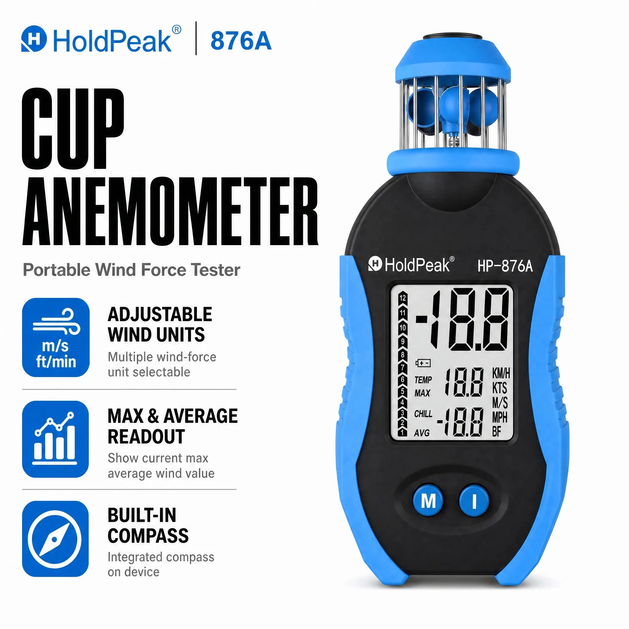 HoldPeak Compact Anemometer 0.7-42m/s ±4% High Accuracy 10-Year Battery -20~50℃ 95g Ultralight for Sailing/Hiking/Outdoor