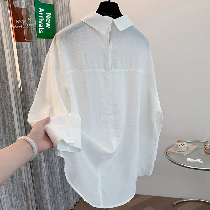 Branco casual sle lyocell longo sve faionable proteção solar irt feminino verão na moda irt versátil camadas topo