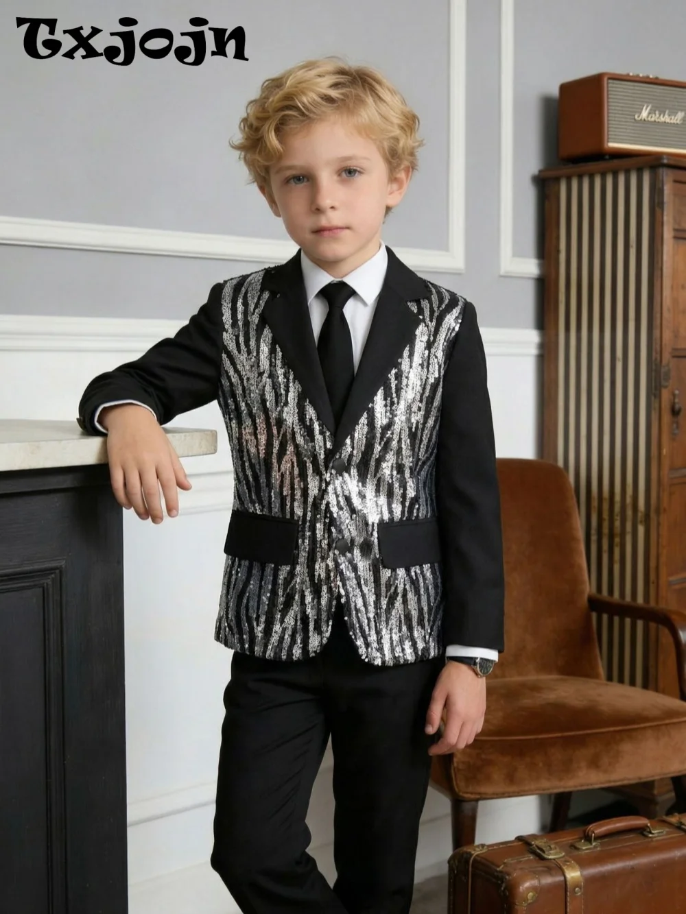 

Txjojn Handsome Sequined Suit Set 2 Pieces For Piano Performance Notched Lapel Black Slim Fit Suits Wedding Ring Bearer Ouffit
