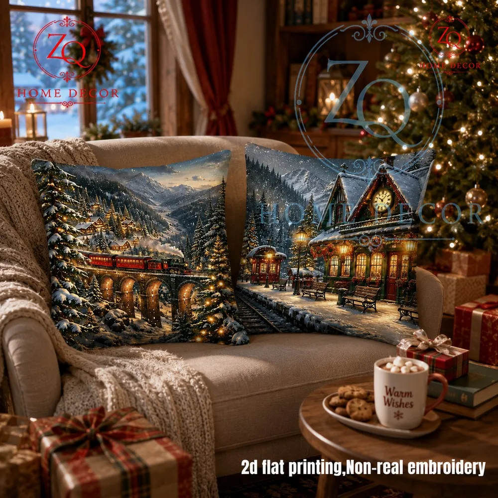 This Christmas snow mountain  train stion pillowcase exudes a retro wintery mosphere with warm lighting  a snow scene