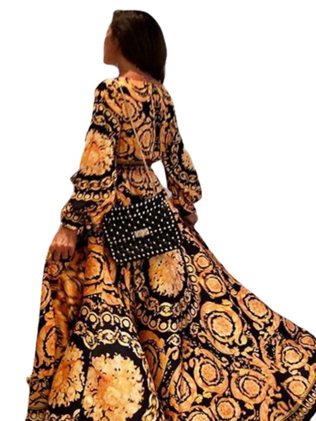 n Sle Long Sve Printed Chiffon Dr Waist Cinched Robe Sle Casual Long Dr Women's Faion Spring Autumn