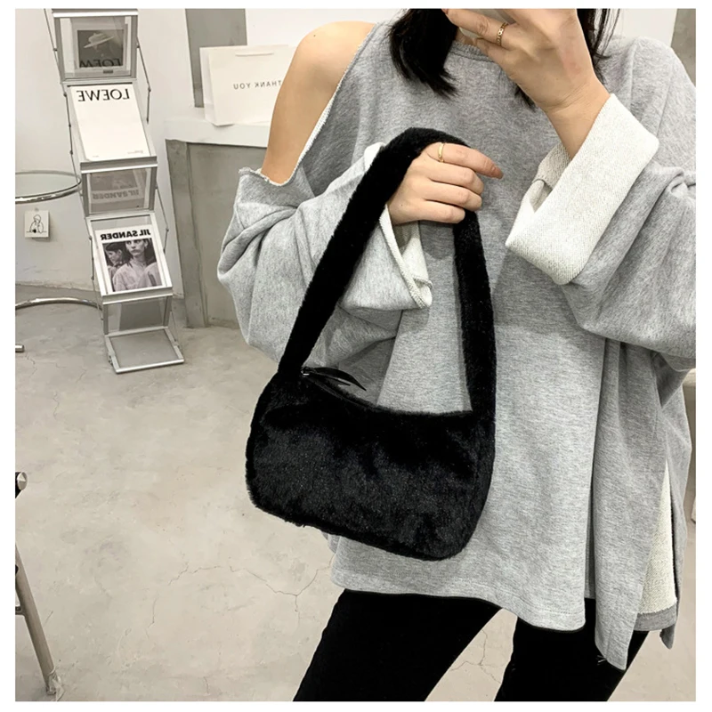 ISKYBOB Women Soft Plush Shoulder Bags Luxury Designer Soft Winter Ladies Clutch Purse Handbag Cute Fashion Underarm Bag 2024