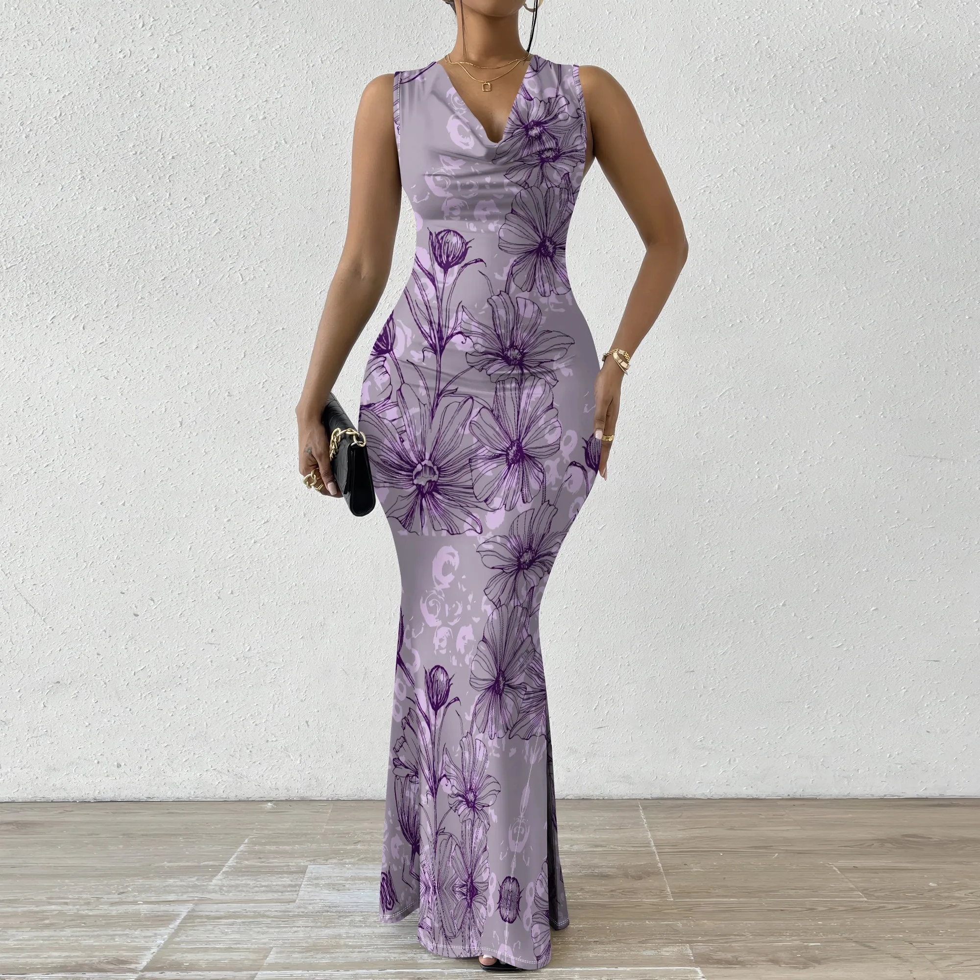 

Women's V-Neck Sleeveless Maxi Dress Black with Pink Purple Rose Floral Print Elegant Evening Dress