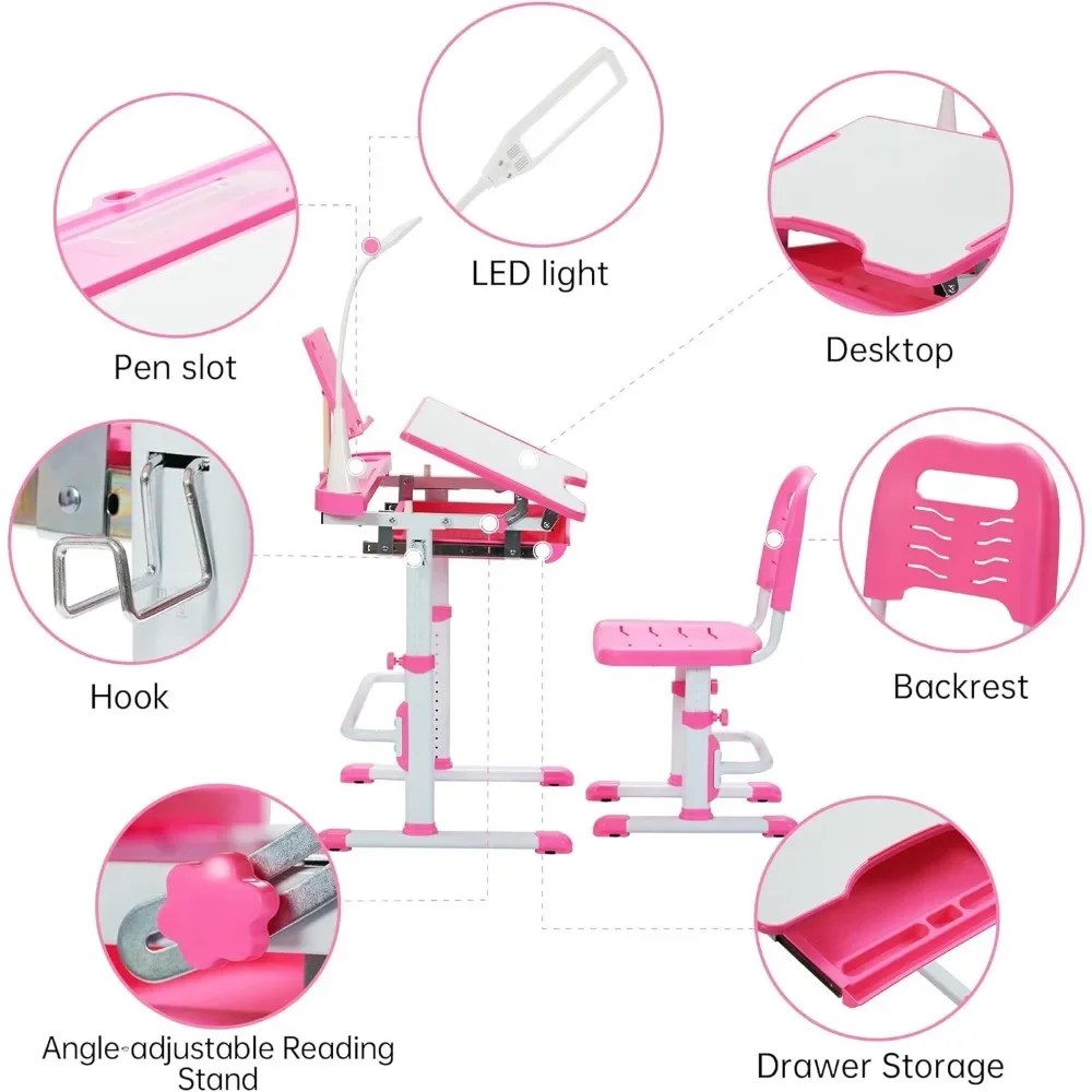 Altura ajustável Desk and Chair Set para crianças, Kid's School Workstation com Tilt Desktop