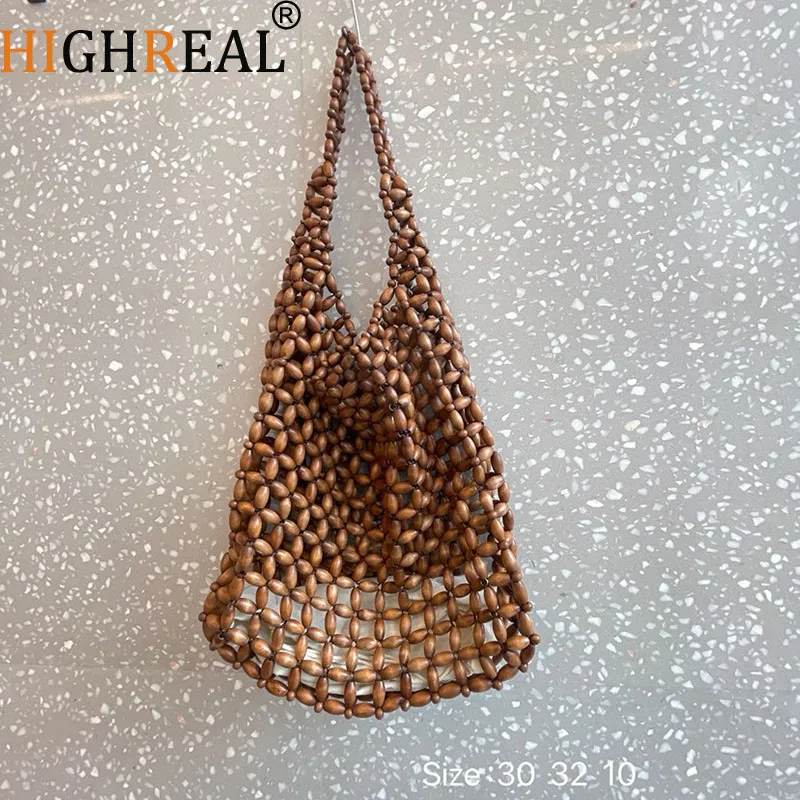 

Плетеная сумка ручной работы из деревянных бусин, винтажная сумка-ведро с двойной бамбуковой ручкой, большая вместительная женская сумка-клатч