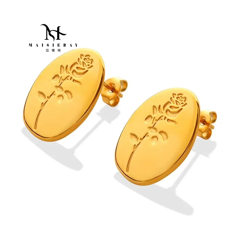 

Elegant Oval Relief Rose Stud Women's Earrings Vintage Stainless Steel Studs Non Fading Accessory For Any Occasion New Arrival