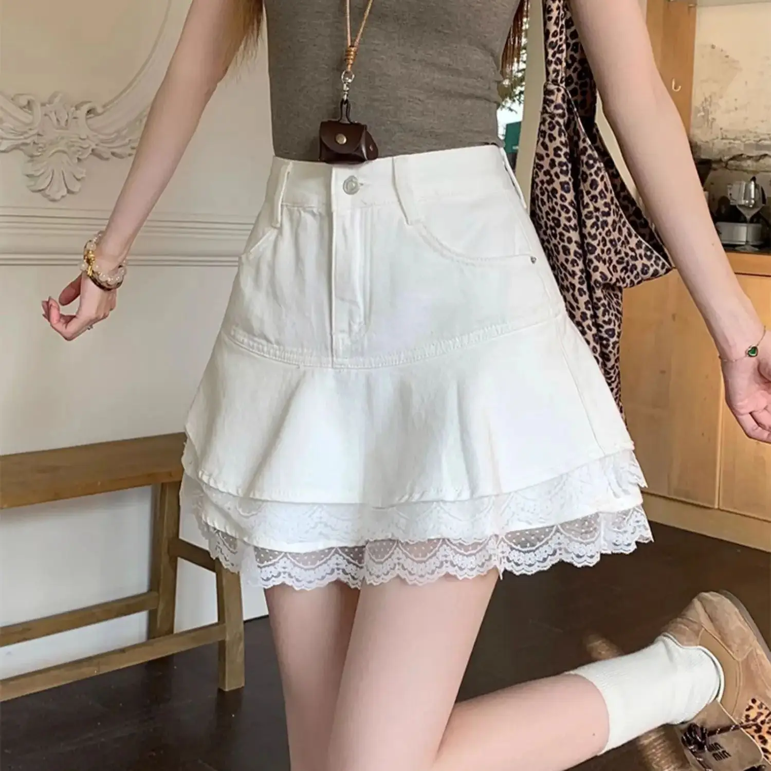 Gonna di jeans in pizzo per ragazza piccante Vita alta A-Line Slim Fit Gonna corta a trapezio Minigonna avvolgente casual per ragazza calda estiva