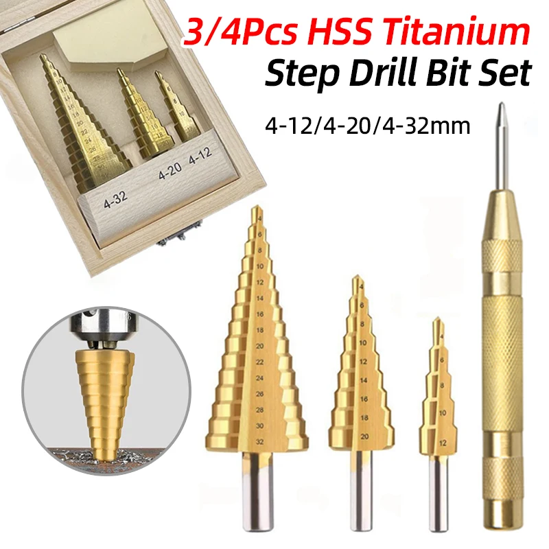 

Ступенчатое сверло из быстрорежущей стали, набор центральных перфораторов 4-12 4-20 4-32 мм, деревообрабатывающий резак для металлических отверстий, конусные инструменты для сверления отверстий в деревянной коробке