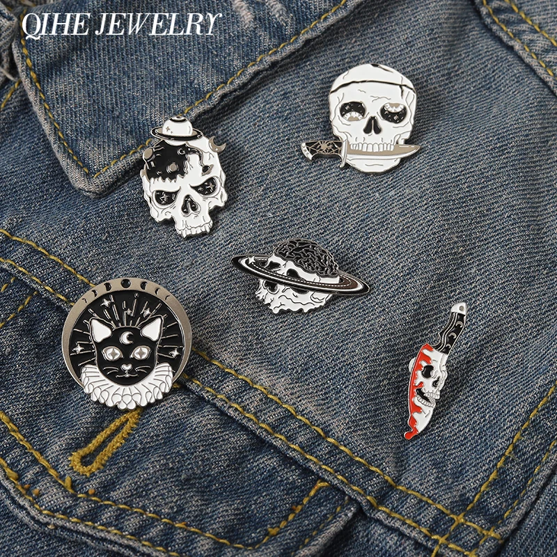 Punk Skull Enamel Pin Dark Black Planet Witch Cat Brooches Knife Skeleton Gothic Badges Lapel Backpack Women Kids Jewelry Gift