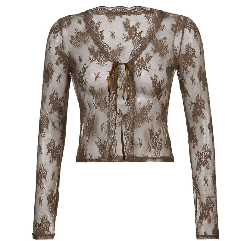 

Vintage Lace Jacquard Bandage Cardigan Women Sexy Transparent Slim Versatile Crop Top Summer Y2k Spicy Girl Streetwear