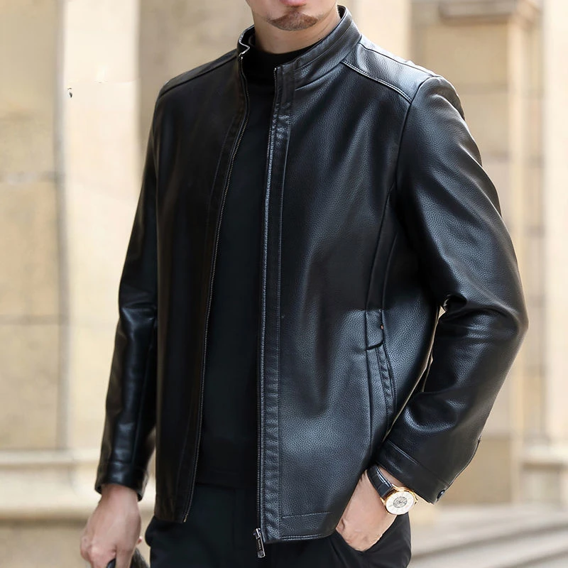 

2022 Autumn Winter PU Leather Jacket Men Solid Casual Faux Leather Coat Slim Fit Motorcycle Leather Jacket Outwear w110