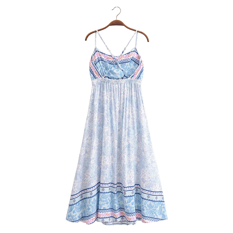 KEYANKETIAN Summer New Women's Sexy Backless Cross Suspender Positioning Printed Dress Beach Vacation A-line Long Skirt