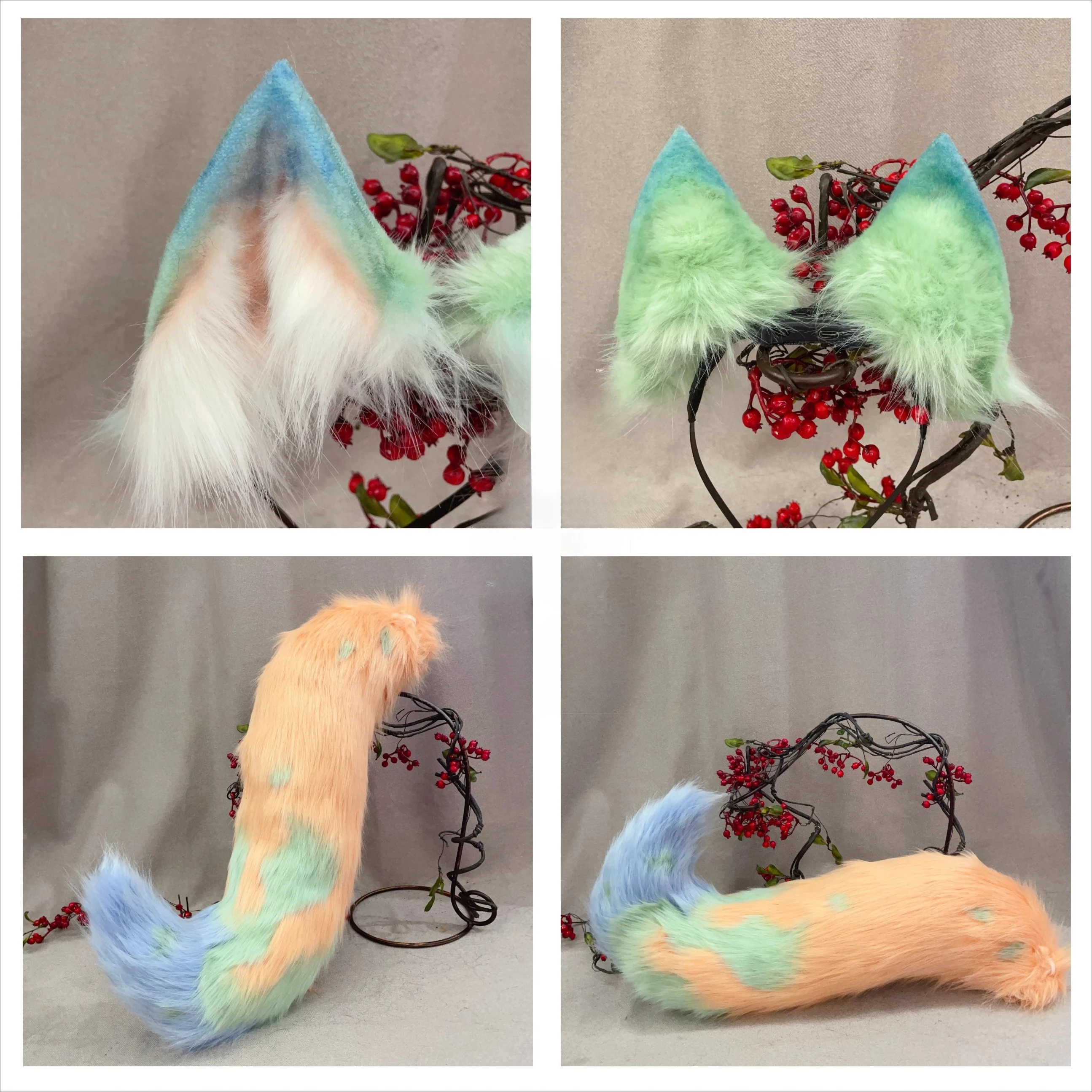 Neue handgemachte Arbeit Halloween Biqiong Wolf Ohren Hairhoop Schwanz Set Anime DIY Kostüm Zubehör nach Maß Kopfbedeckung