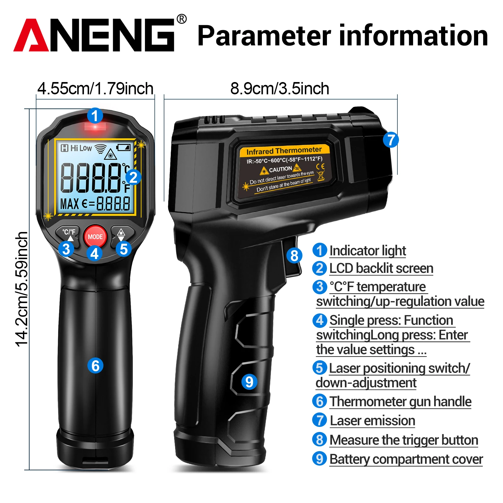 ANENG TH202 Infrared Thermometer Gun 12:1 D:S Ratio Laser Positioning Adjustable Emissivity Data Hold Auto Power Off ℃ ℉ Switch