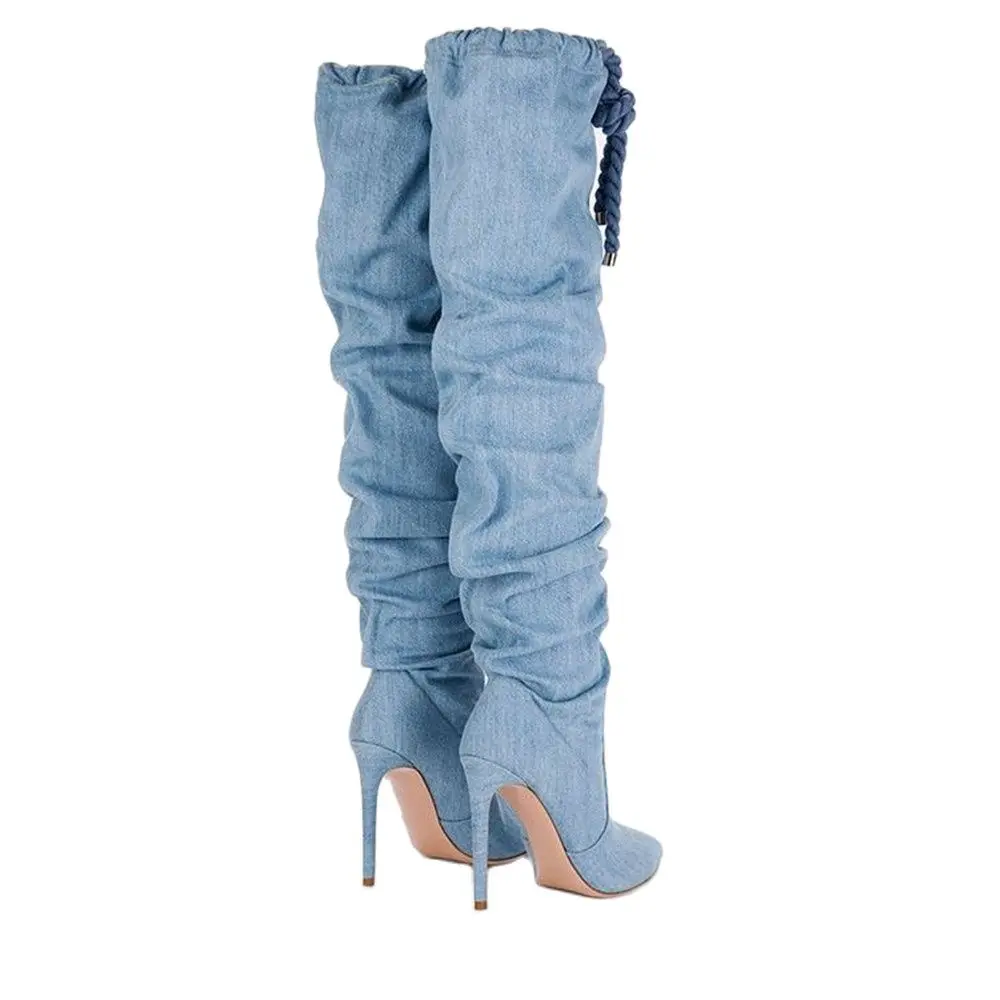 Western Style Blue Denim Knee High Boots Feminine Pointed Toe Stiletto Heel Ladies Fashion Boots Women's Comfortable Shoes