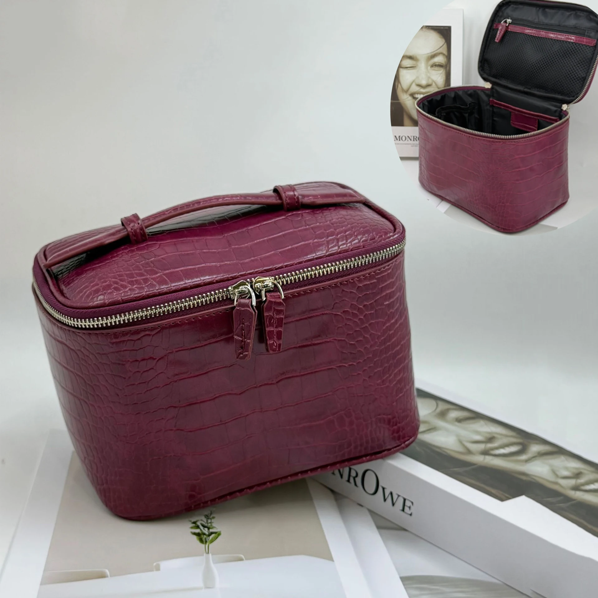 Women's Cosmetic Bag Texture Stone Pattern PU Portable Handbags Large Capacity Makeup Storage Bag Women's Travel Wash Bags