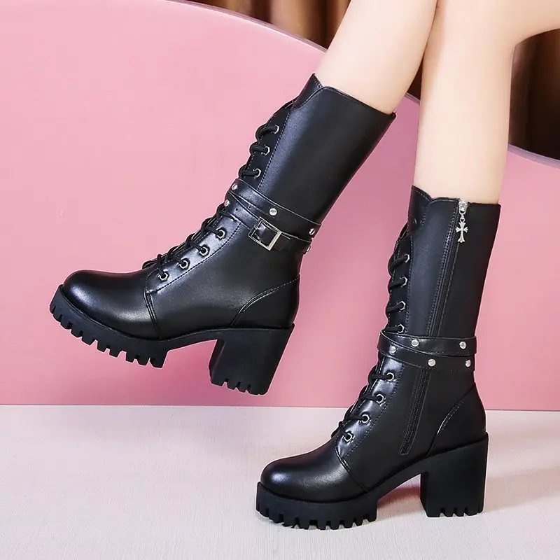 Winter New Solid Color Thick Sole Increase Buckle Design Model Boots Round Head Square Heel Non-slip Women\'s Mid-calf Boots