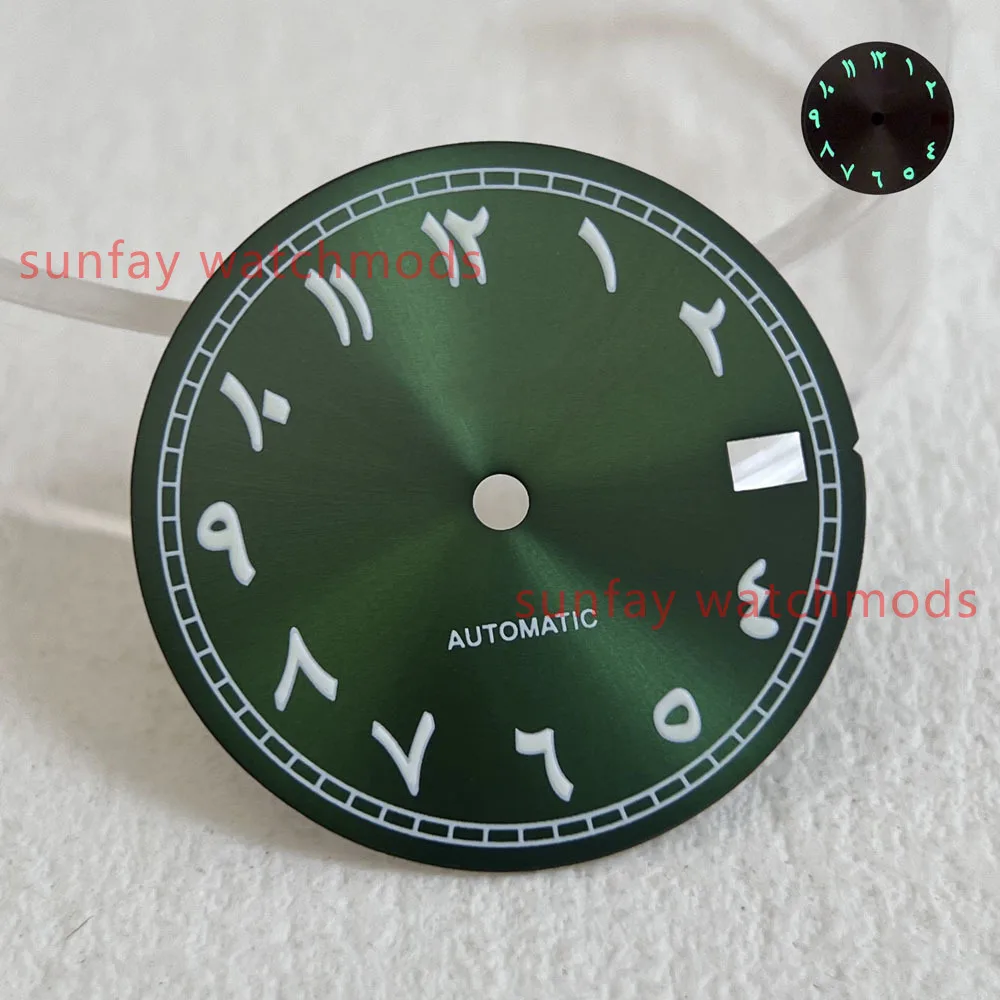 NH35 Esferas de uñas árabes luminosas verdes, accesorios de reloj personalizados, 28,5mm