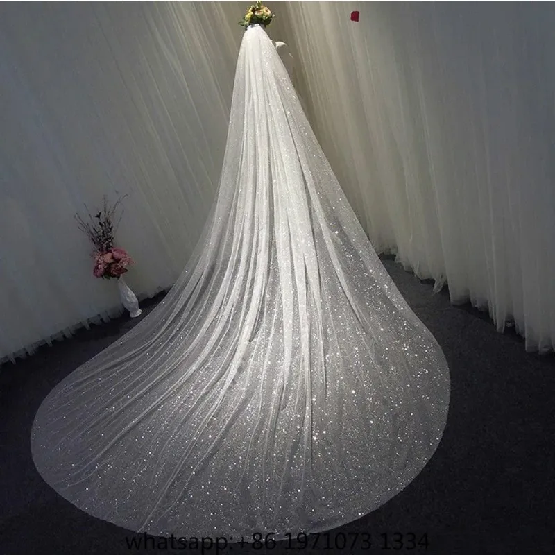 Bling Bling Bridal Veils Sparkly White Champagne Long Cathedral Sequined Wedding Veil With Comb 3X3.5Meters 1Layer velo de novia
