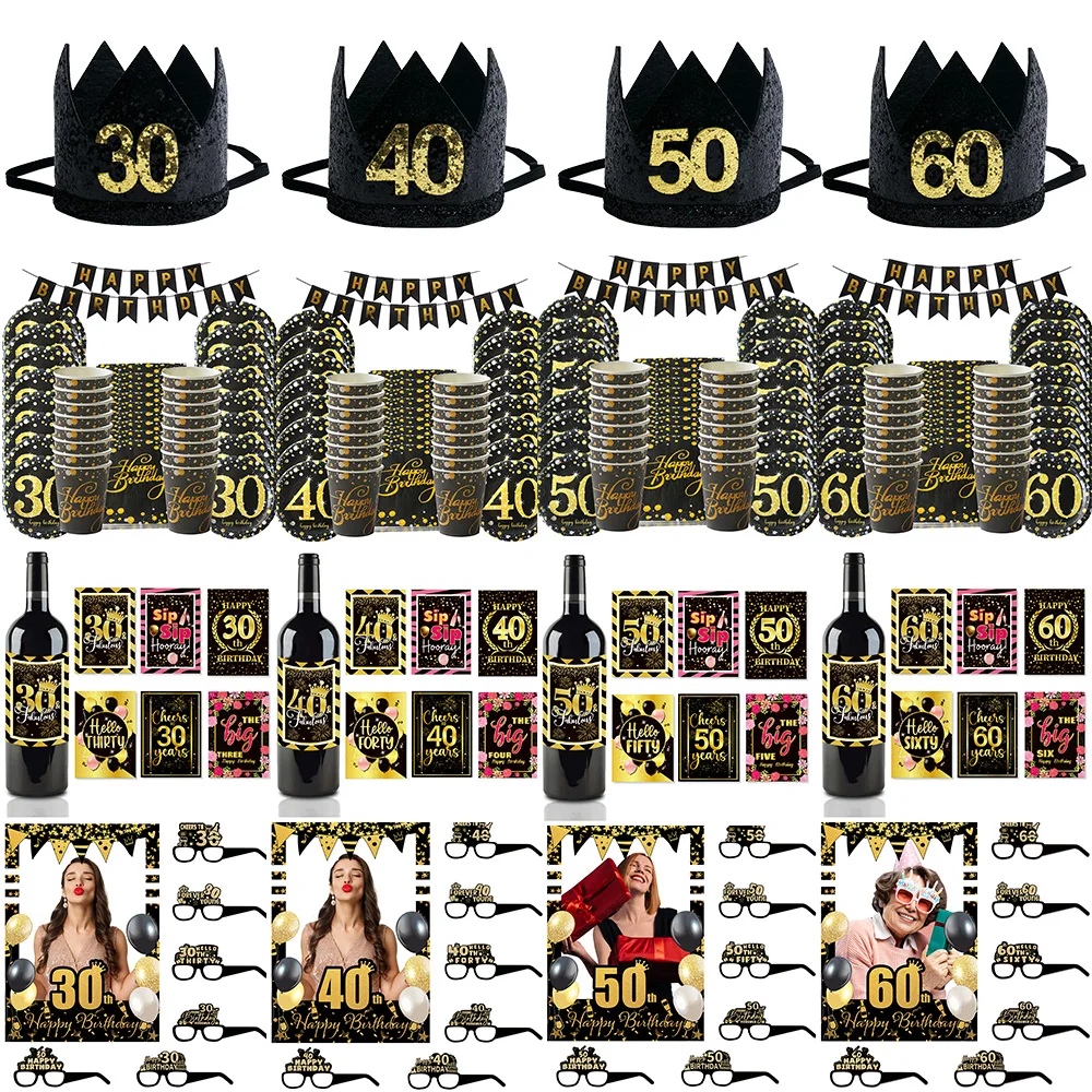 30th 40th 50th 60th Birthday Decorations Black Gold Disposable Tableware Set 30 40 50 60 Years Crown Photo Frame Glasses Props