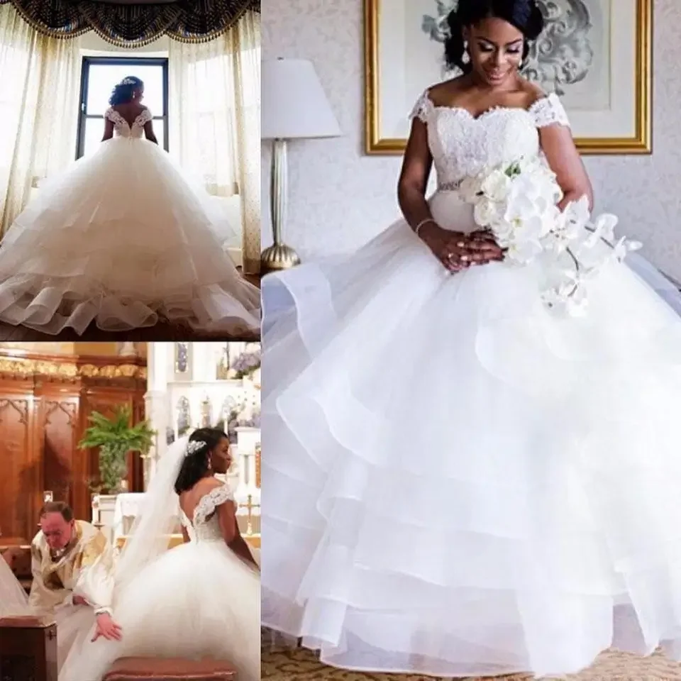 

Customized African Tiered Ruffles Ballgown Cap Sleeves Wedding Dresses New Sweetheart Bridal Gowns With Beading Belt