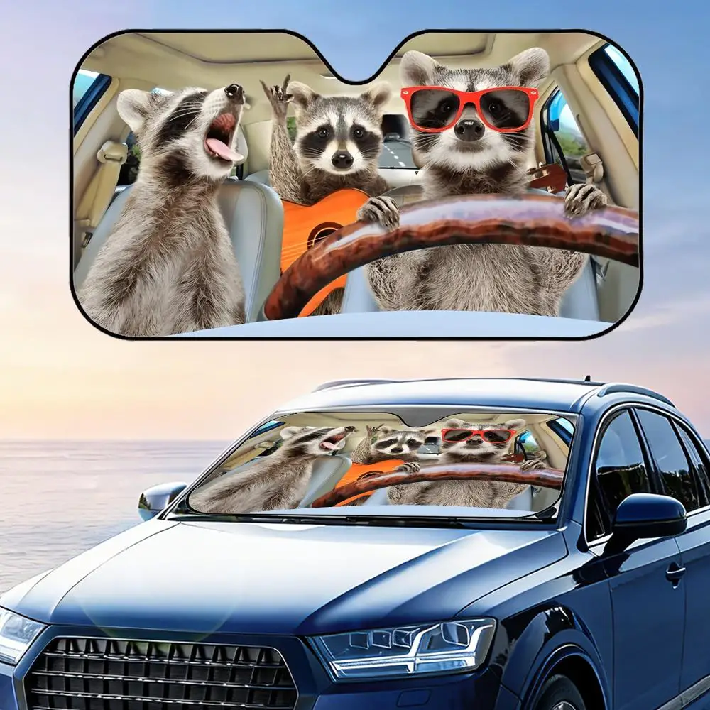 

Funny Raccoon Driving Sun Visor Foldable Car Windshield Sun Shade UV Protection Reflective Heat Insulation Reusable Cover