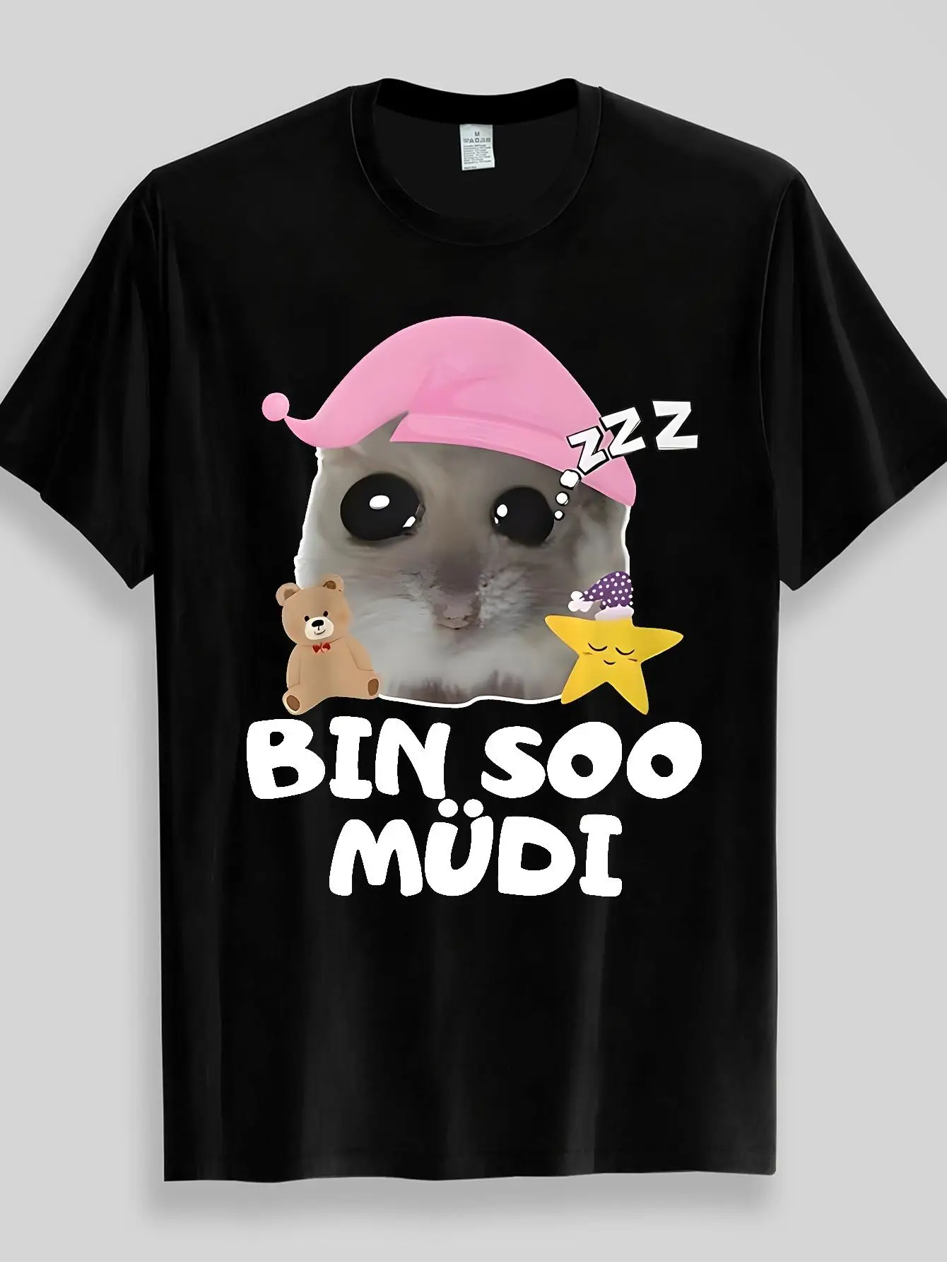 Humor Meme Cute Sleeping Hamster with Bear and Stars Adorable Cartoon Fun Text Men'S T-Shirt Loose Fit Unisex All-season Tee Top