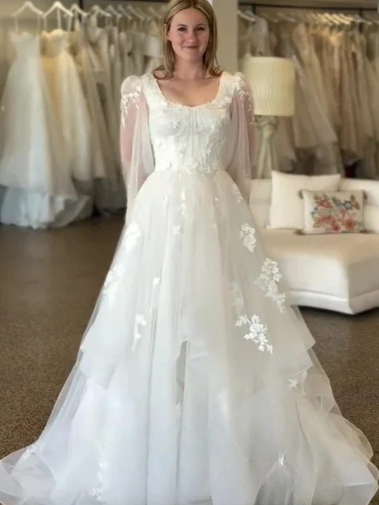 Boho Ivory A‑Line Wedding Dresses Square Collar Puff Long Sleeve Appliques Multi‑Layered Tulle Bridal Gown Garden Robe De Mariee