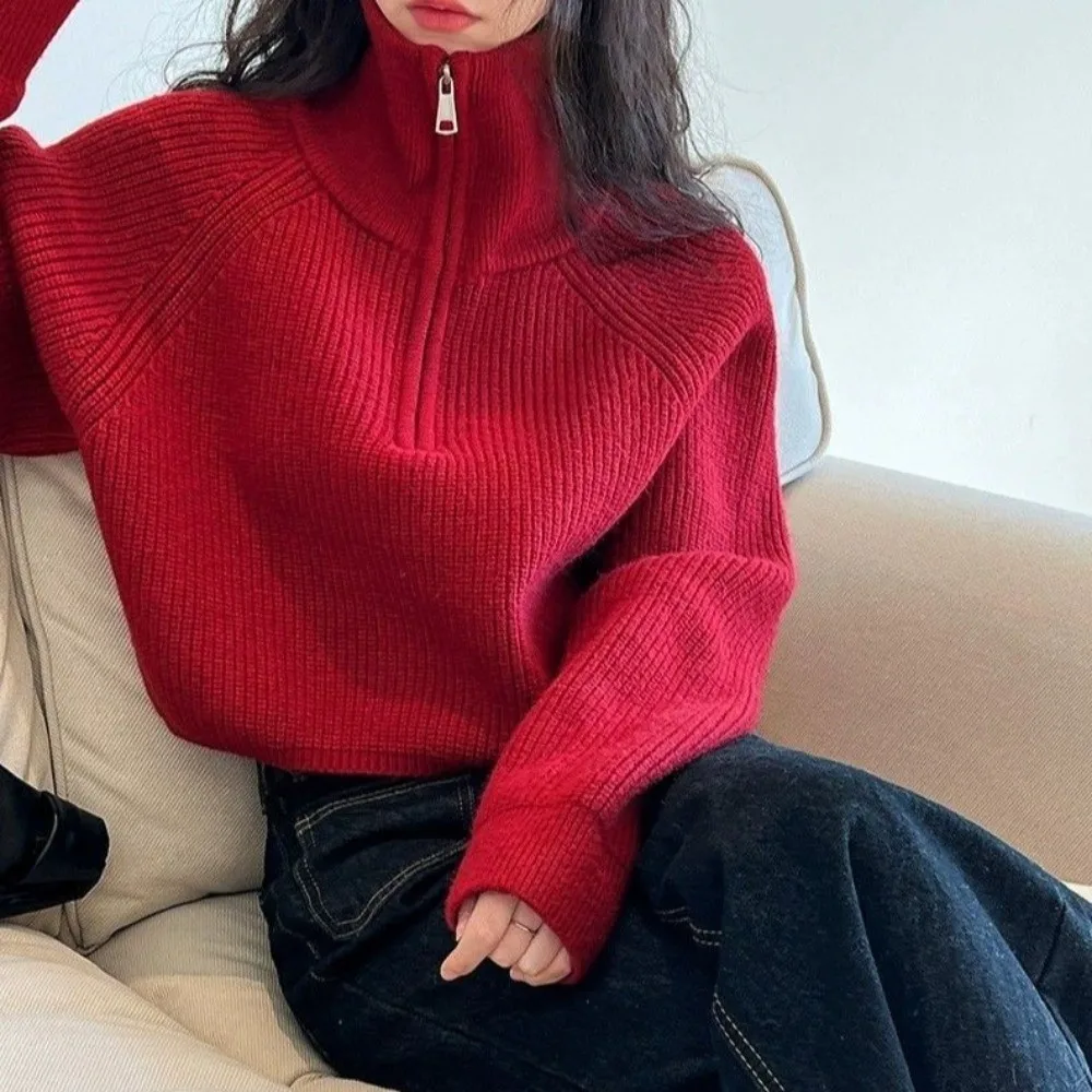 Half Zip Closure Cropped Knit Sweater Solid Color Soft Waffle Knit High Neck Pullover High Waist Fit Long Sleeve Design