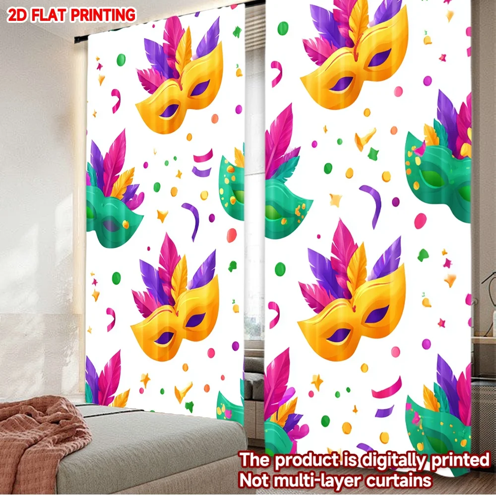 2D flat printing 2pcs Curtain Drapes Mardi Gras Colorful Masks(1) Digital Printed Polyester Drapes Holiday Decorations for