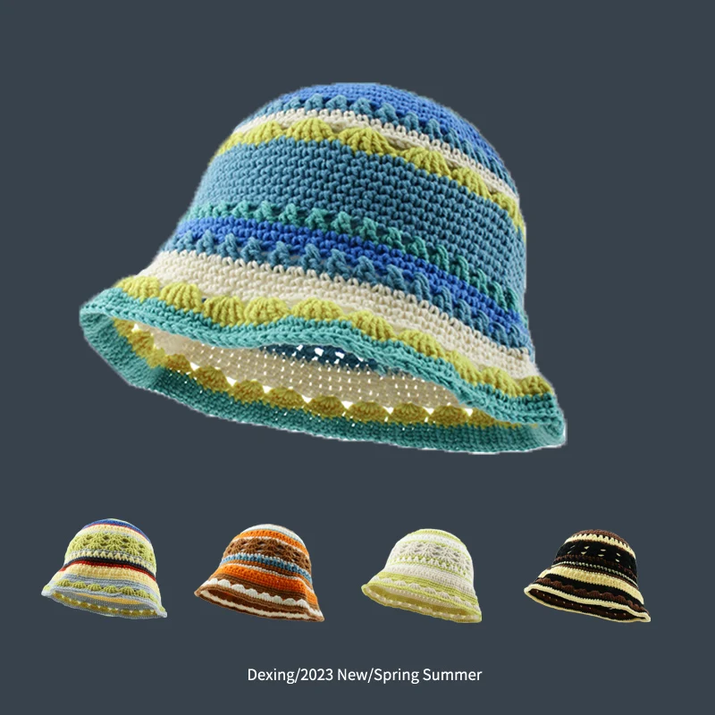 Women Crochet Bucket hat  Handmade  Summer Knit Hat Striped Beanie  Beach hat woman  designer luxury