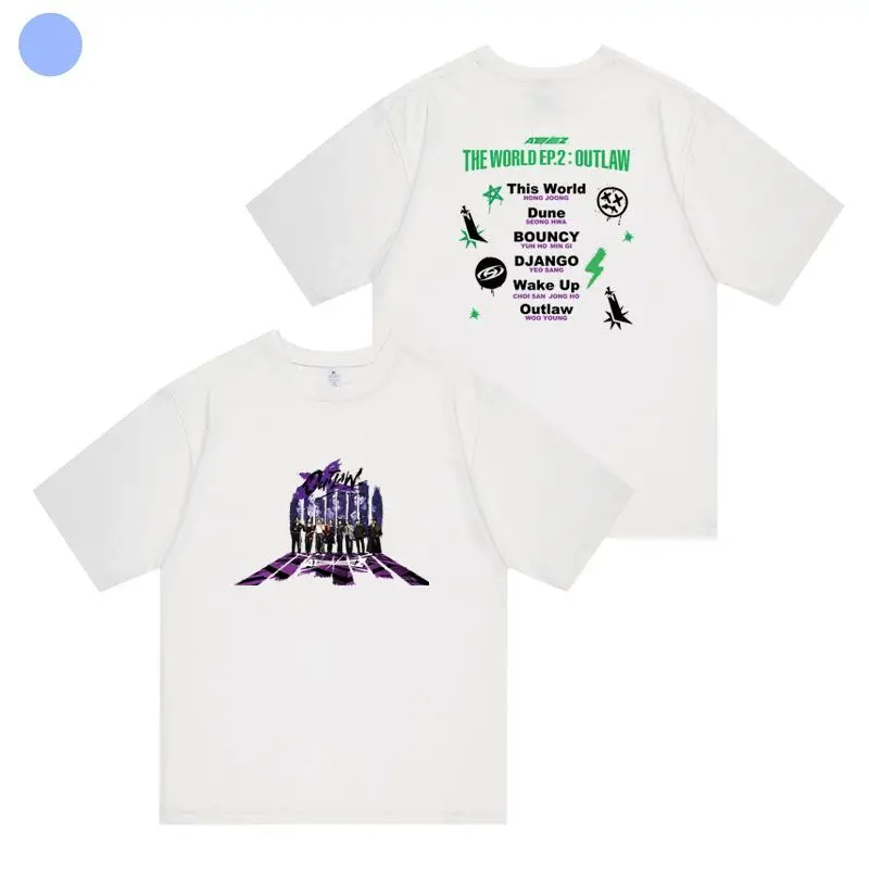 Kpop 2023 New ATEEZ THE WORLD EP.2 OUTLAW Man/Women Harajuku T-shirt Round Neck Short Sleeve Casual Unisex Streetwear COTTON Top