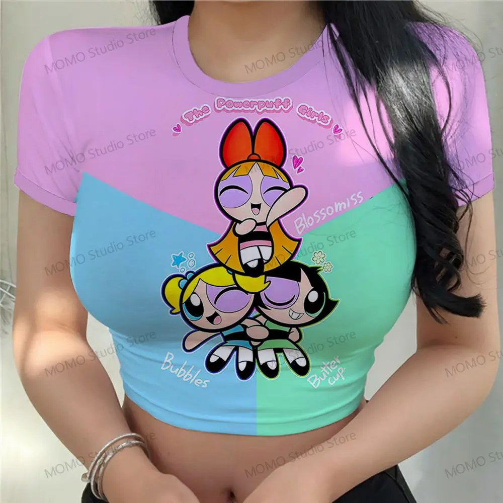 Women's T-Shirt Leisure The Powerpuff Girls Crop Top Kawaii 2024 Y2k XS-3XL Short Sleeve Tops Party Cute Tshirt Lovely Clothing