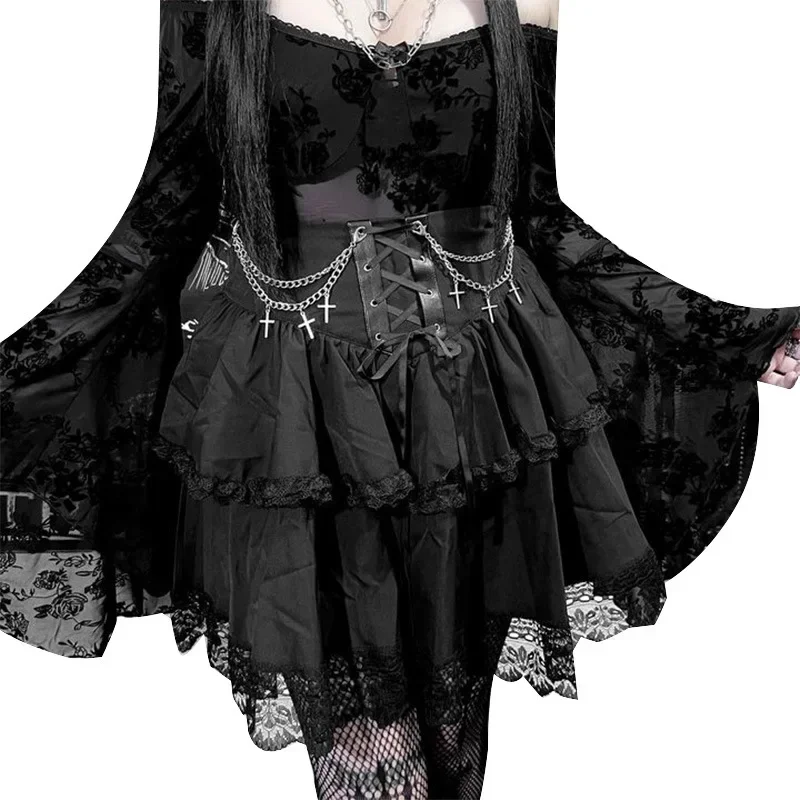 Gothic Black Skirt Sexy Cute Mini Women Drawstring Folds High Waist Irregular Ruffle Patchwork Fairycore Short Skirts Mori Girl