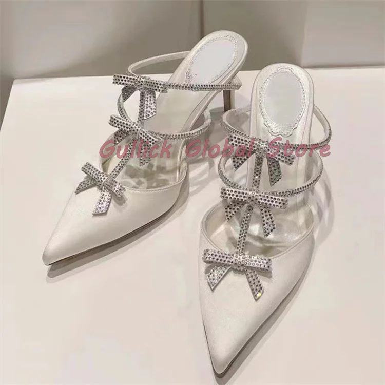 2024 New Arrival Pointed Toe Shallow Rhinestone Butterfly Knot T Strap Slippers Summer Dress Outside Beautiful Women Slides Soft