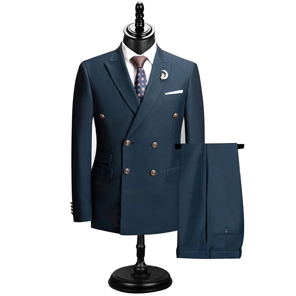 Conjunto de terno de duas peças masculino de ajuste fino, blazer de lapela entalhada, calças ajustáveis na cintura, smoking formal duplo breasted