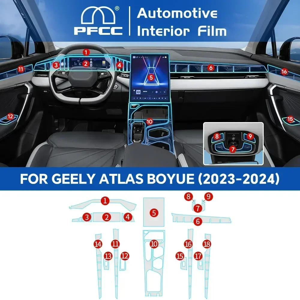 

For Geely Atlas Boyue 2023 2024 Interior Film TPU Sticker Center Console Gear Navigator Door Accessories Transparent Protective