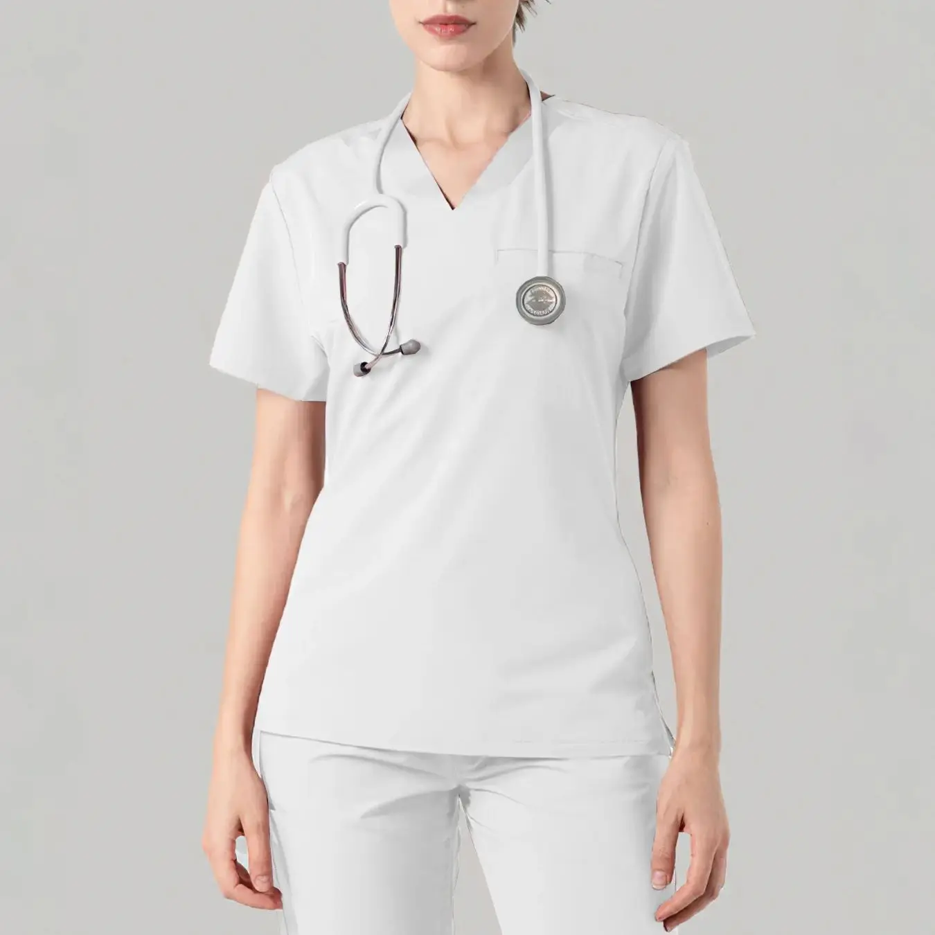 المرأة الخامس الرقبة فرك الأعلى 2025 قصيرة الأكمام ممرضة مستشفى الزي الإناث سبا صالون تجميل ملابس العمل جيب البلوز القمم