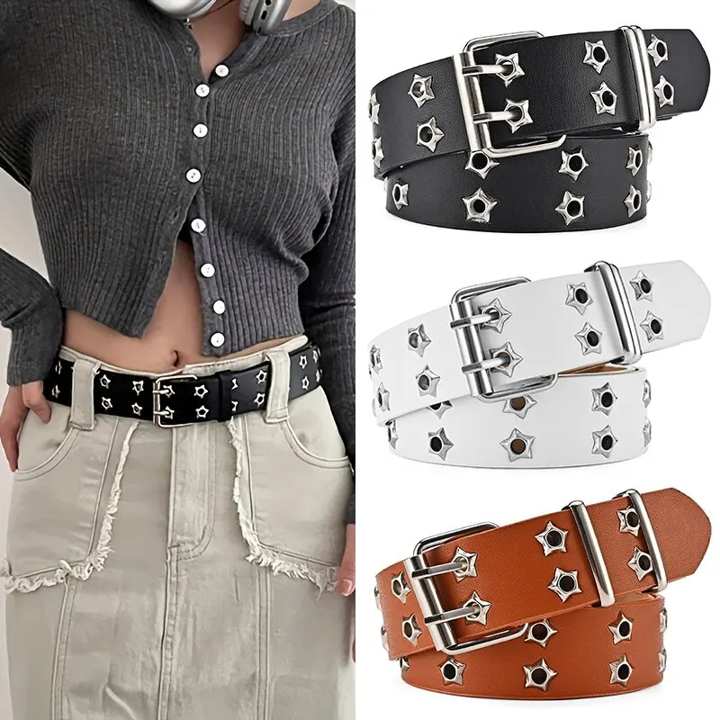 New Star Eye Rivet เข็มขัด Goth สไตล์ Double Pin Buckle Man/ผู้หญิงแฟชั่น Casual Punk สไตล์ Pu หนังเข็มขัดสําหรับกางเกงยีนส์ Y2K เข็มขัด