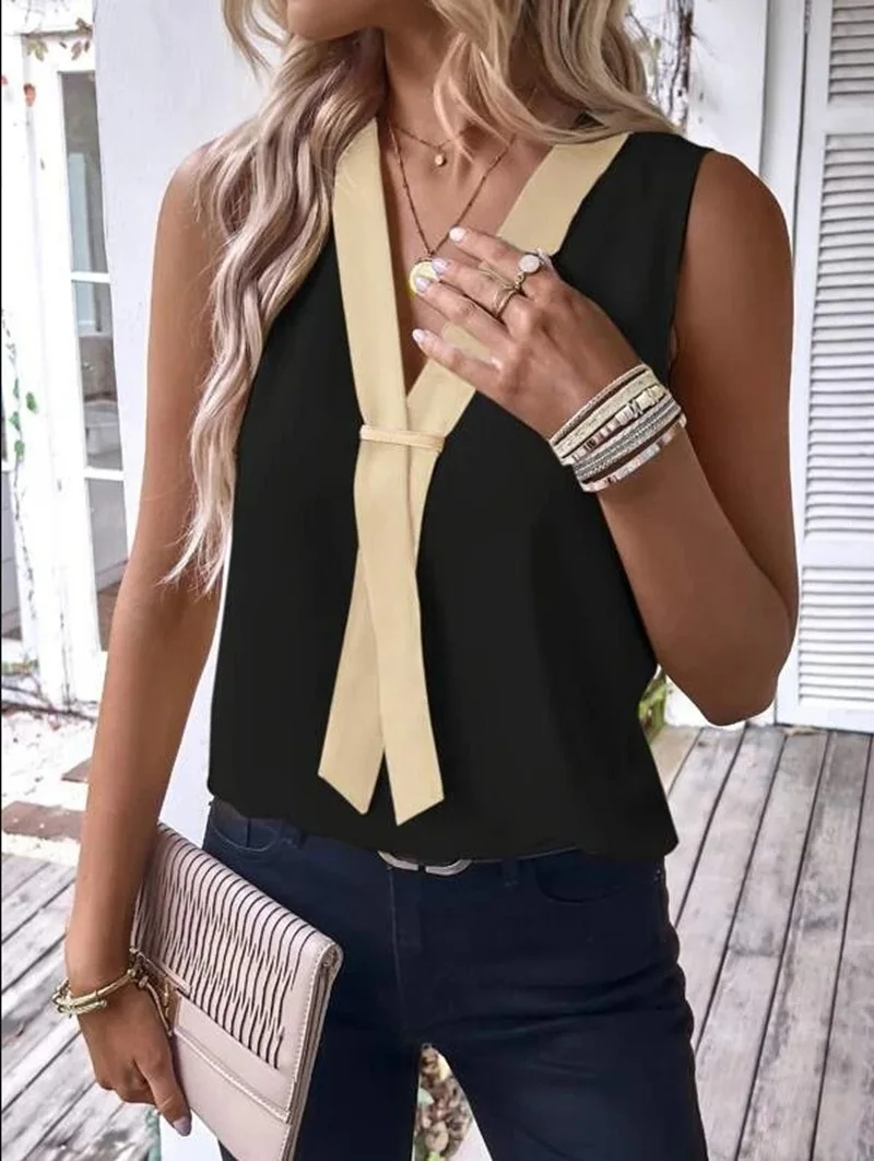 Elegant Women\'s Blouse Tees 2023 Summer Fashionable Style V-Neck Panel Sleeveless Top Lady Shirt S-XXXL